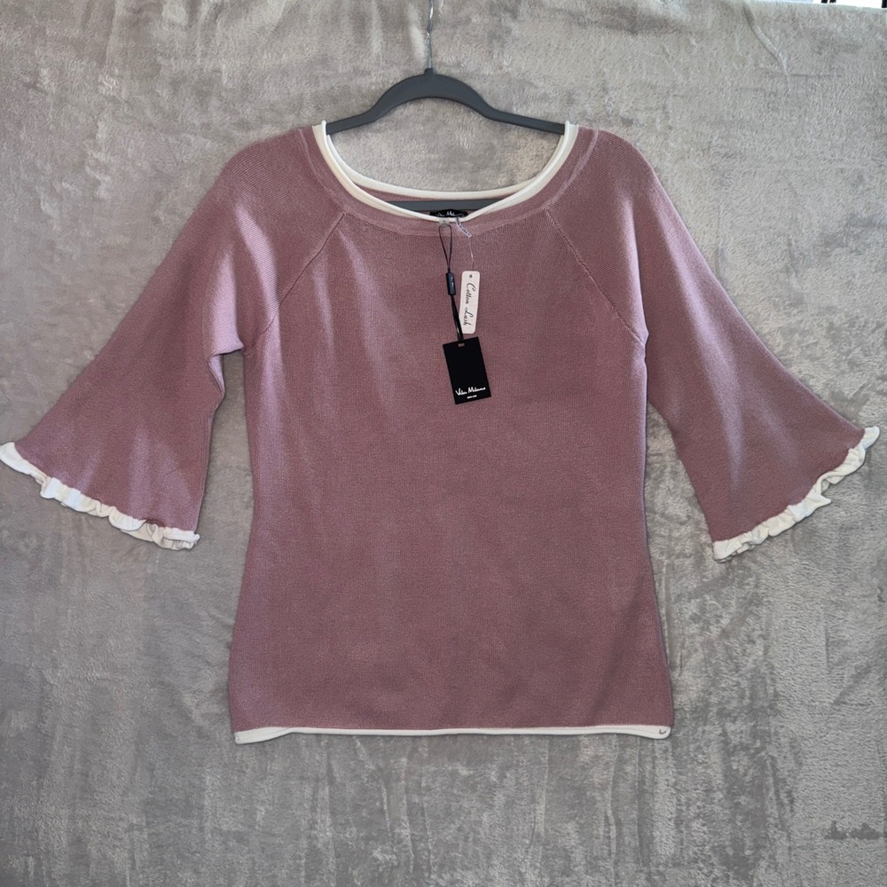 Vita‎ Milano Womens Top Size L Mauve Pink Cotton Blend Ruffle Bell Sleeve Preppy